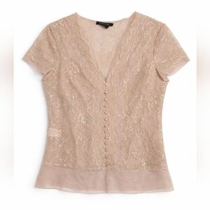 NWT BCBGMaxAzria Sheer Lace Beaded Blouse in Light Camel, Size Large